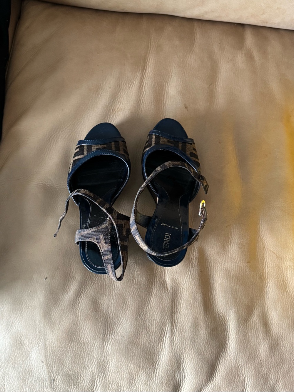 Fendi Navy and Brown Monogram Ankle-Strap Heels